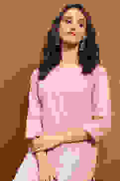 Beige Cotton Blend Solid Straight Kurta image number 6