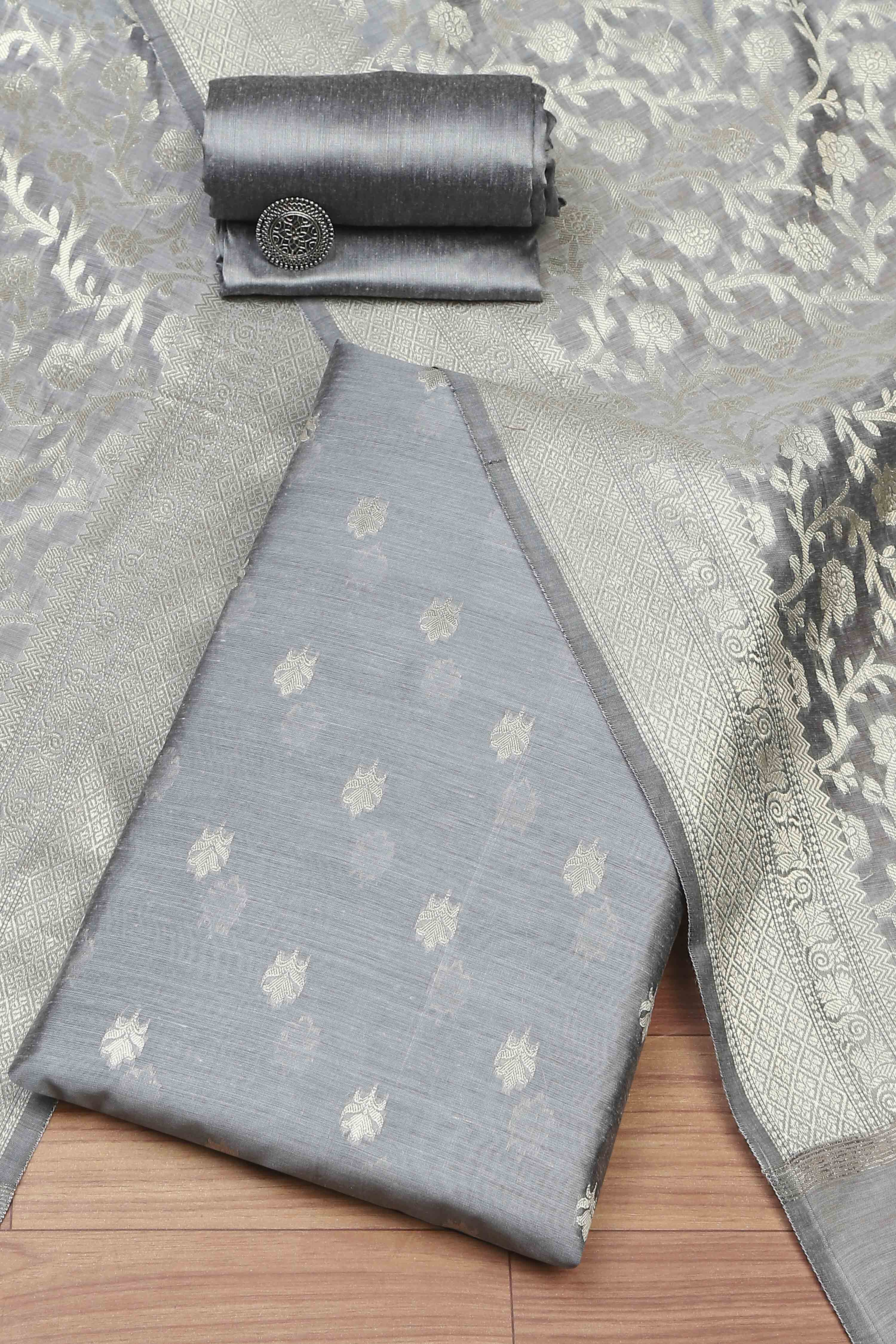 Green Black Poly Cotton Banarasi Unstitched Suit Set image number 0