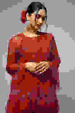 Red Nylon Straight Kurta Sharara Suit Set image number 1