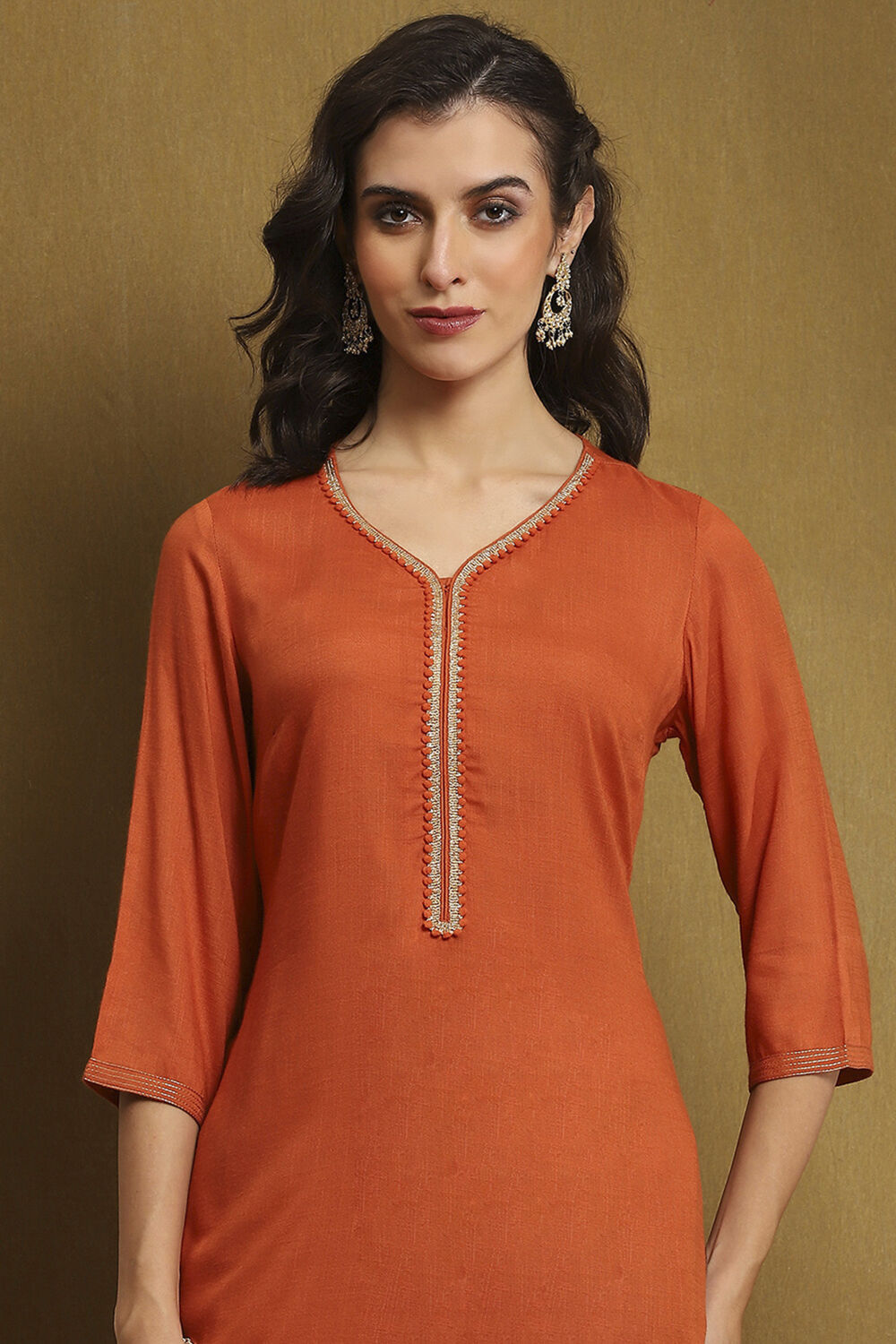Burnt Orange Solid Regular Fit Straight Kurta image number 1