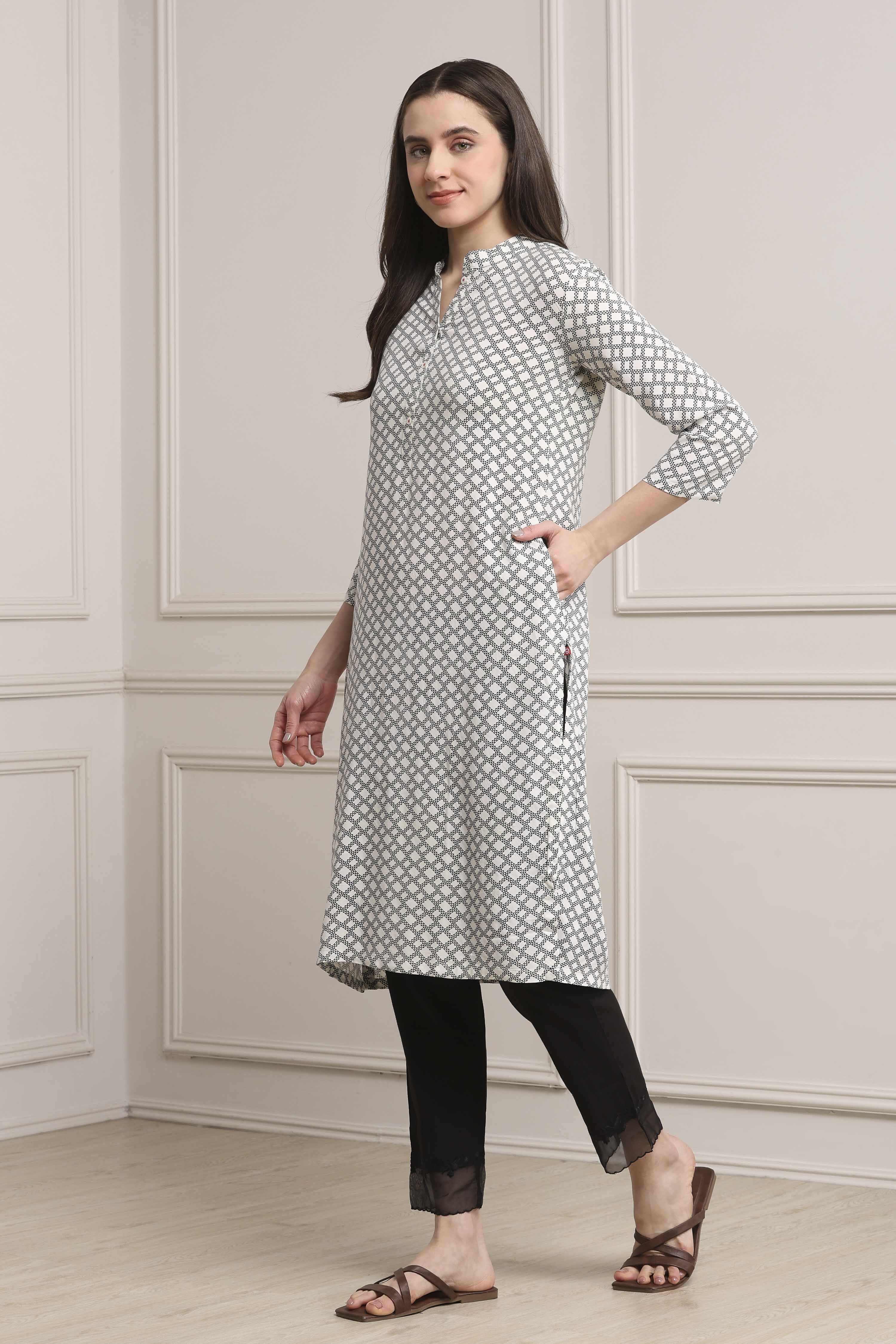 Black-White Viscose Rayon A-Line Kurta Pants Set image number 3