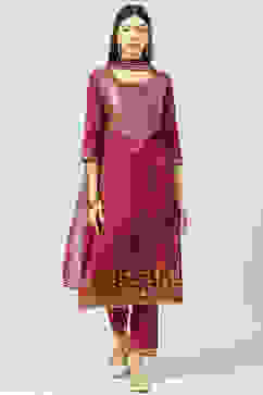 Wine Straight Kurta Regular Pants Suit Set image number 0