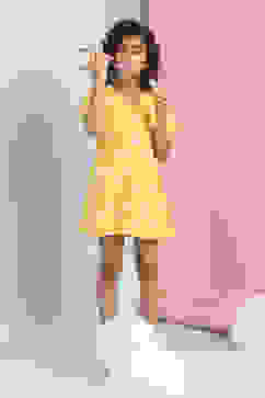 Yellow Pure Cotton Schiffli A-Line Dress image number 0