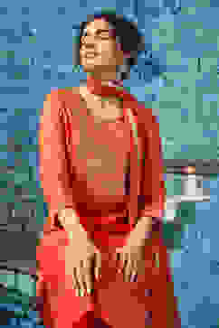 Brick Red Polyester Straight Suit Set image number 7