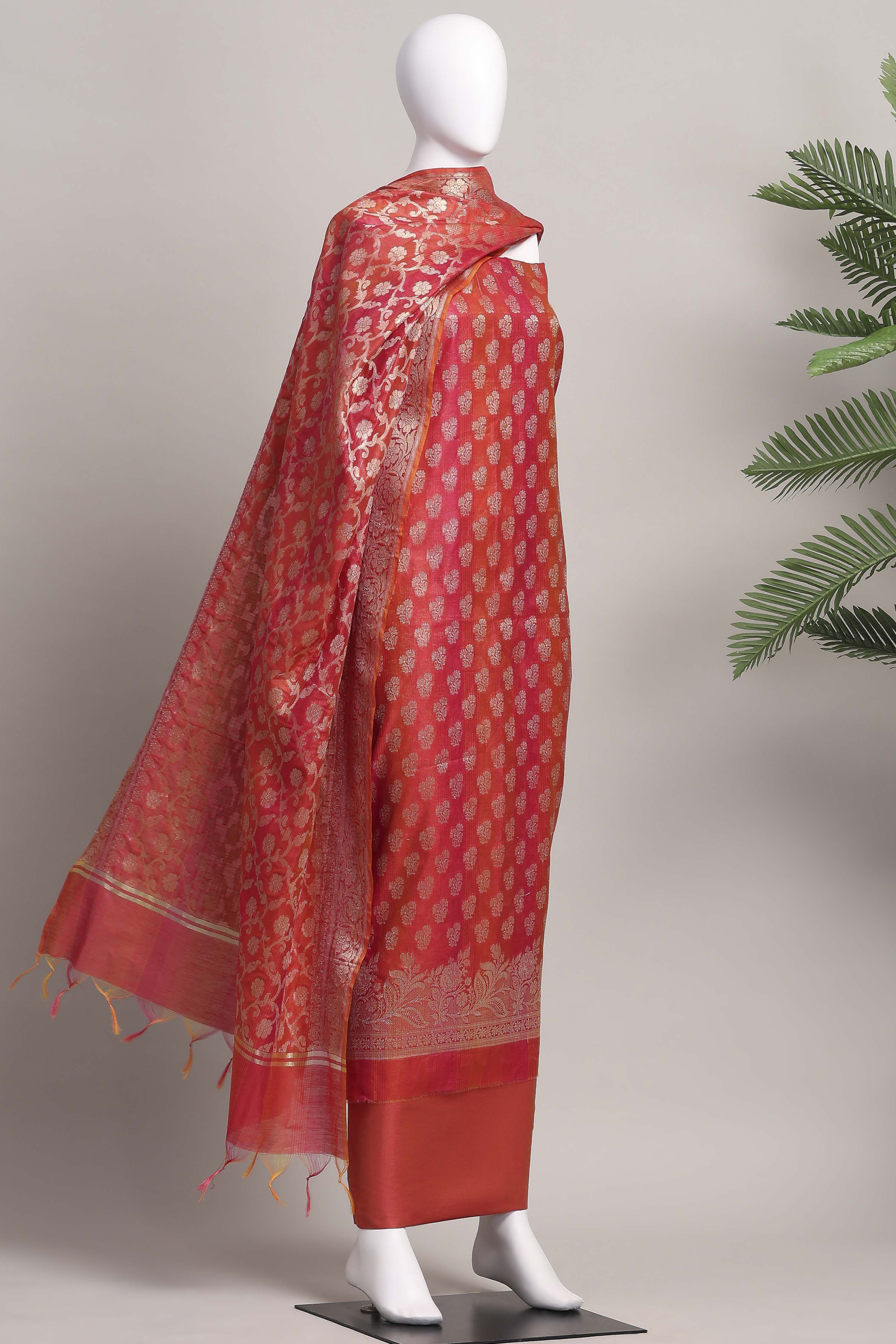 Rust Banarasi Chanderi Banarasi Print Unstitched Suit Set image number 4