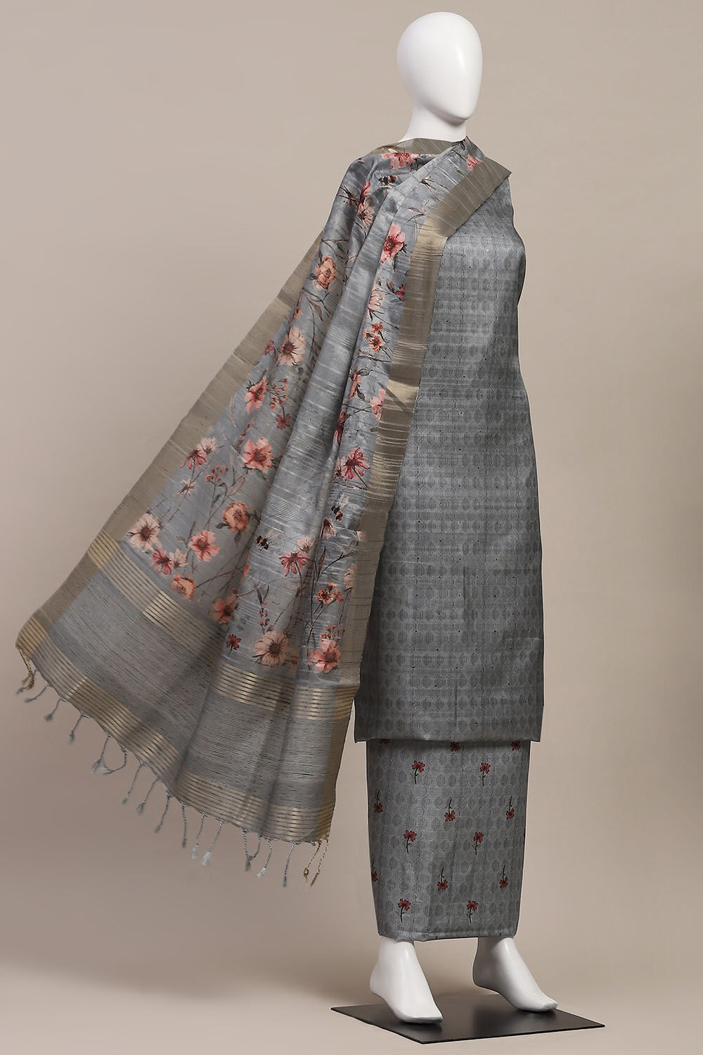 Grey Silk Tussar Handloom Unstitched Suit Set image number 4
