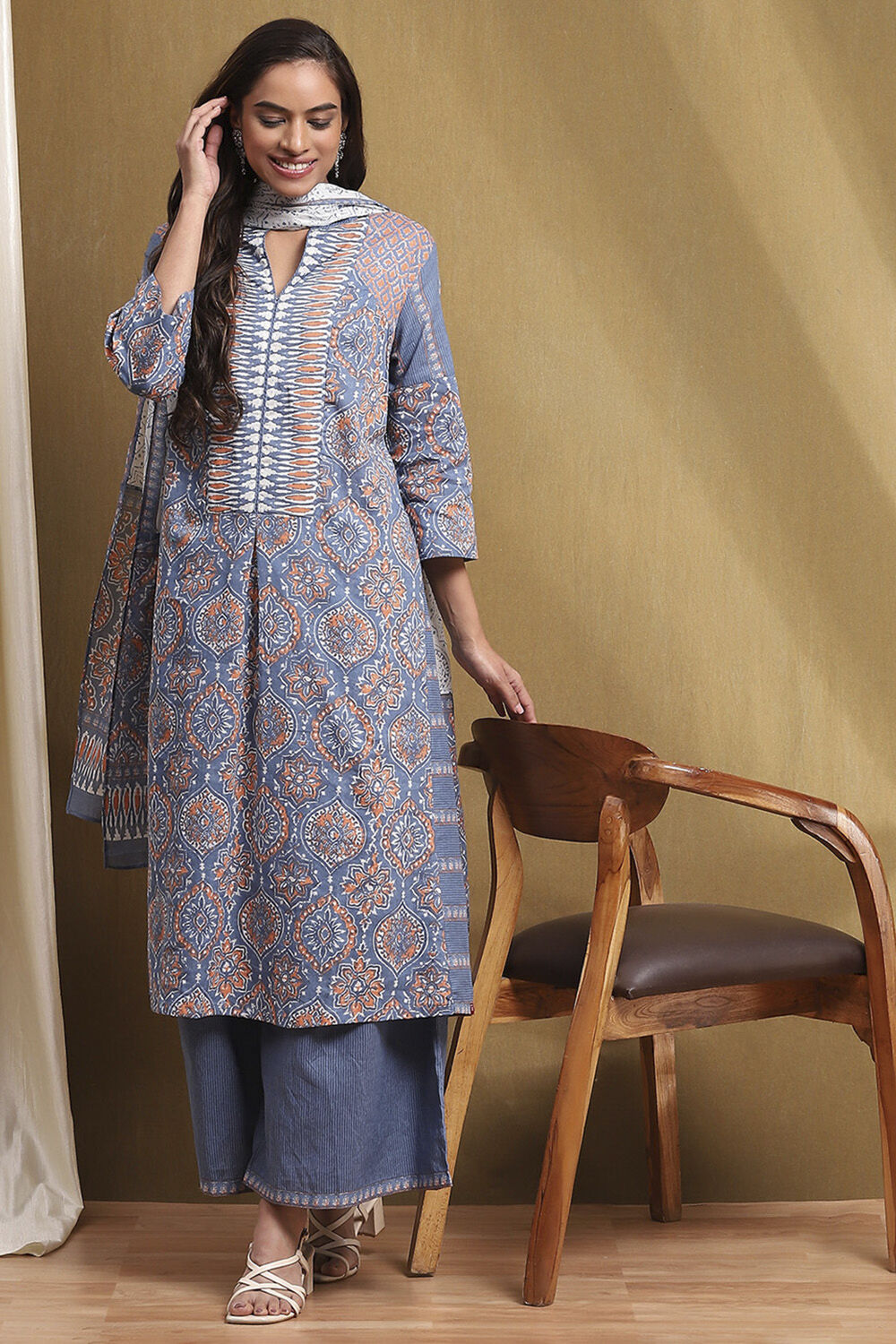 Purple Cotton Printed A-Line Suit Set image number 0