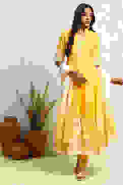 Yellow Blue Printed Cotton Anarkali Suit Set image number 0