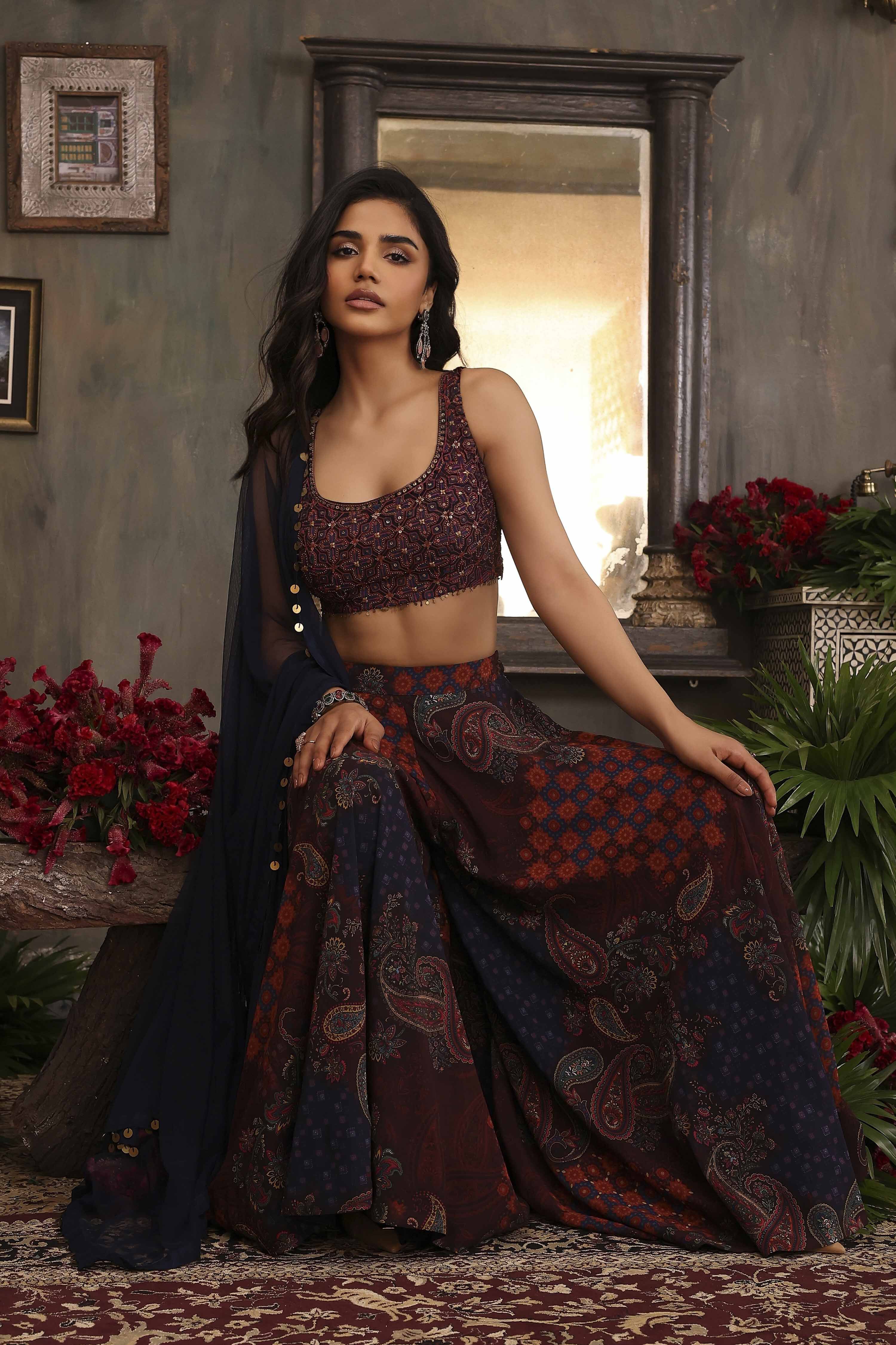 Navy Blue Poly Georgette Fusion Sharara Set image number 0