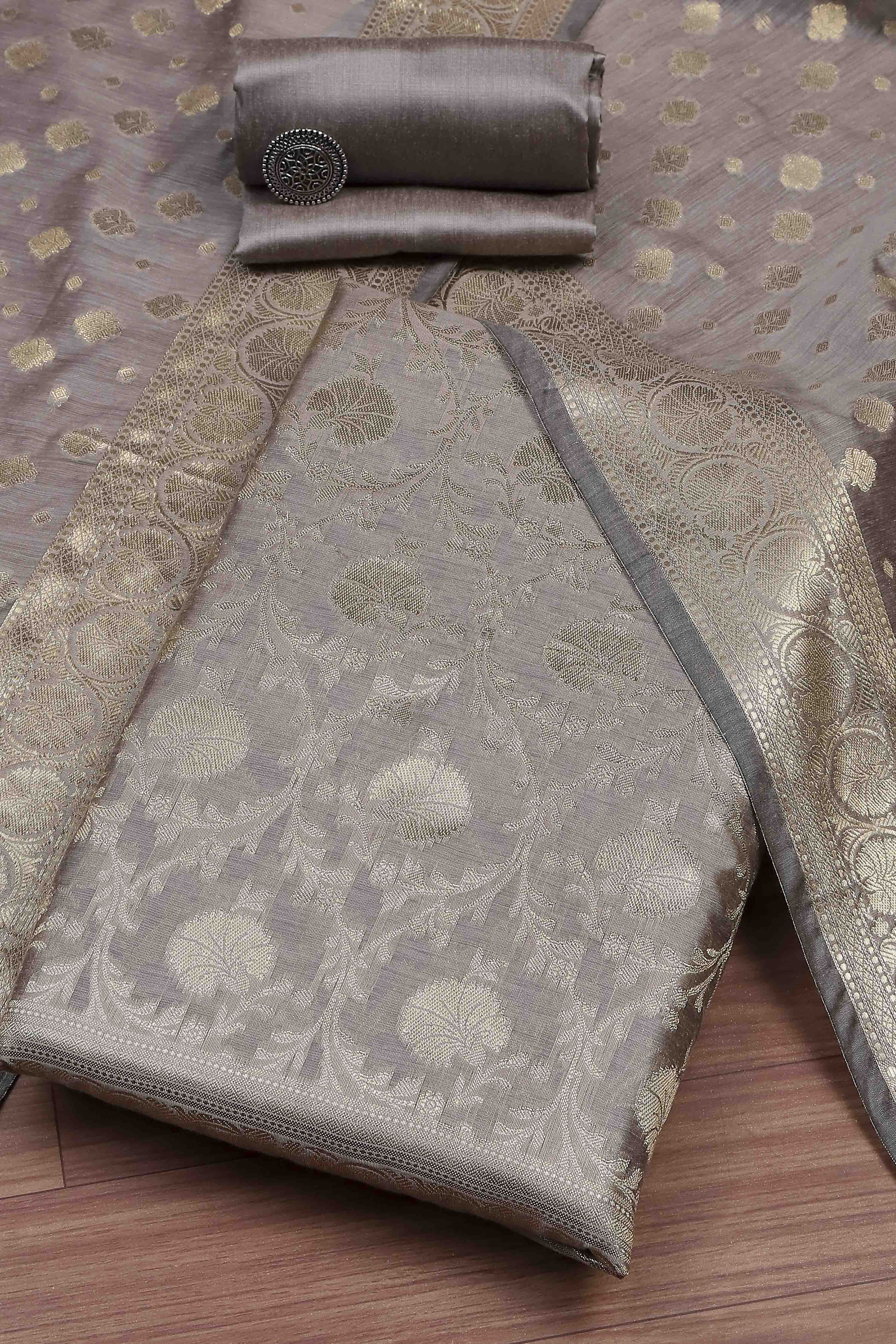 Dusty Mauve Banarasi Chanderi Banarasi Print Unstitched Suit Set image number 0