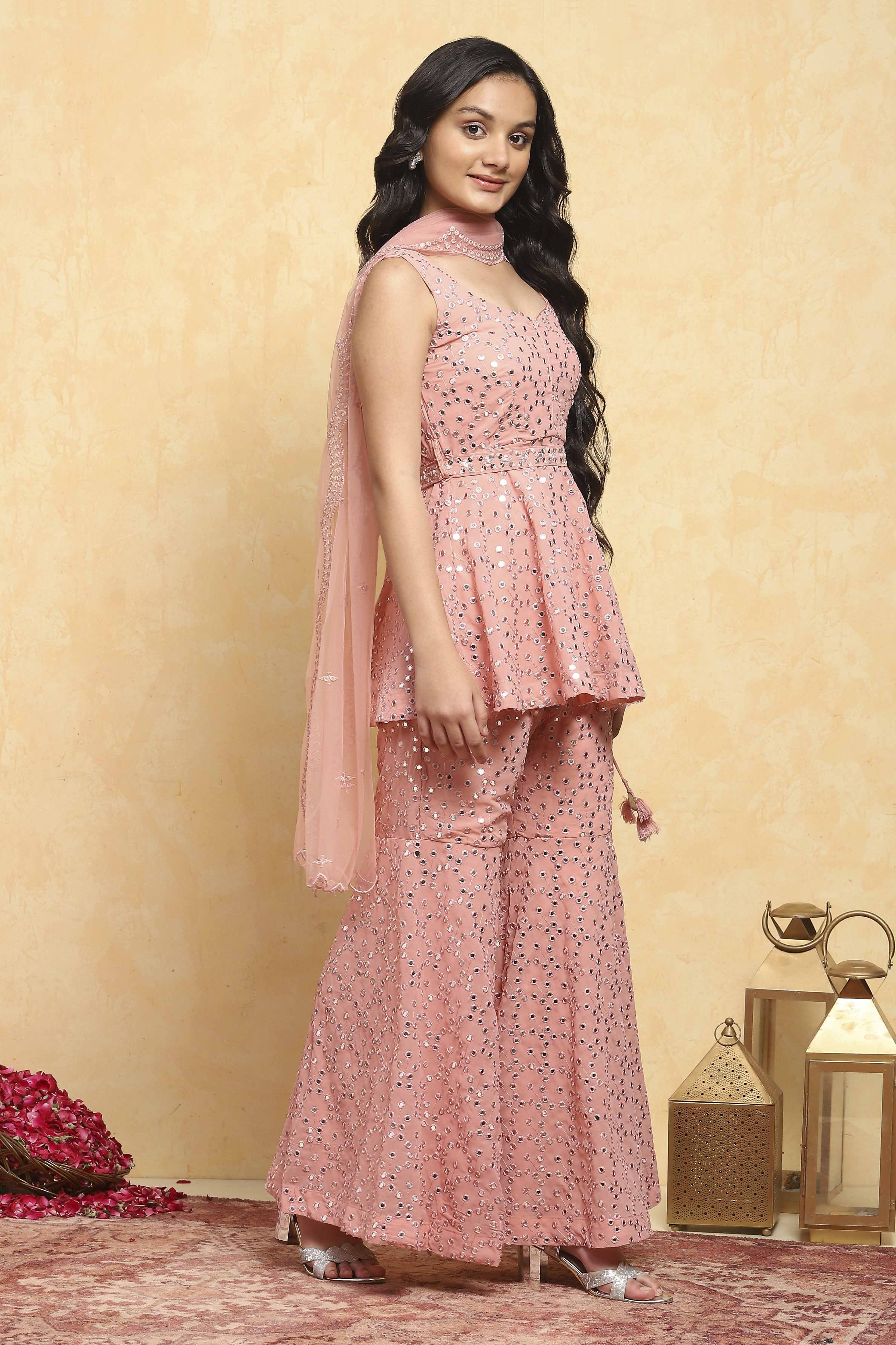 Peach Polyester Embroidered Straight Sharara Suit Set image number 5