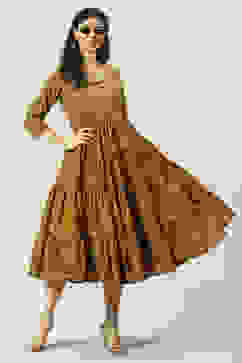Ochre Cotton Printed Flared Tiered Dress image number 5