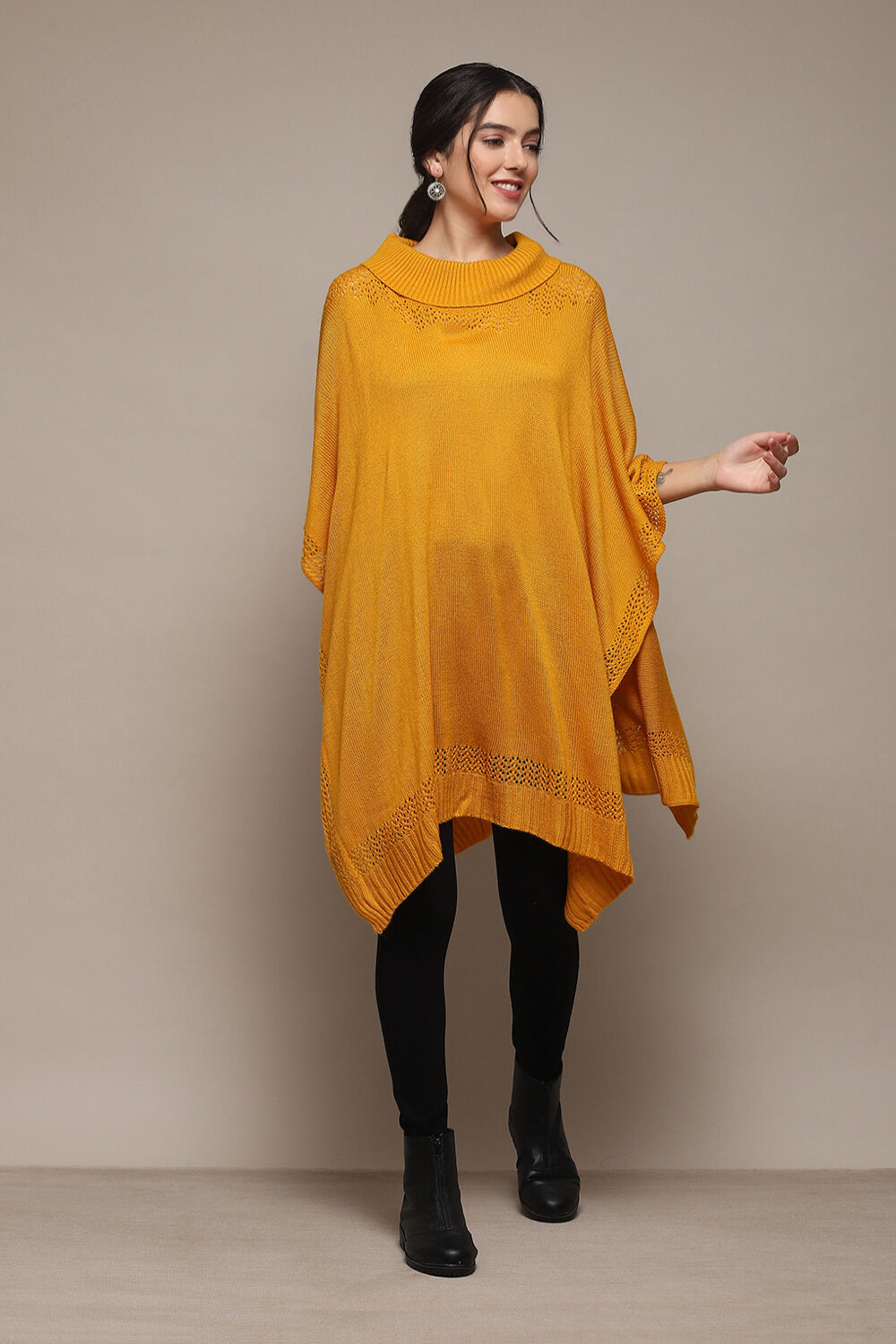 Mustard Acrylic Solid Straight Poncho Sweater image number 0