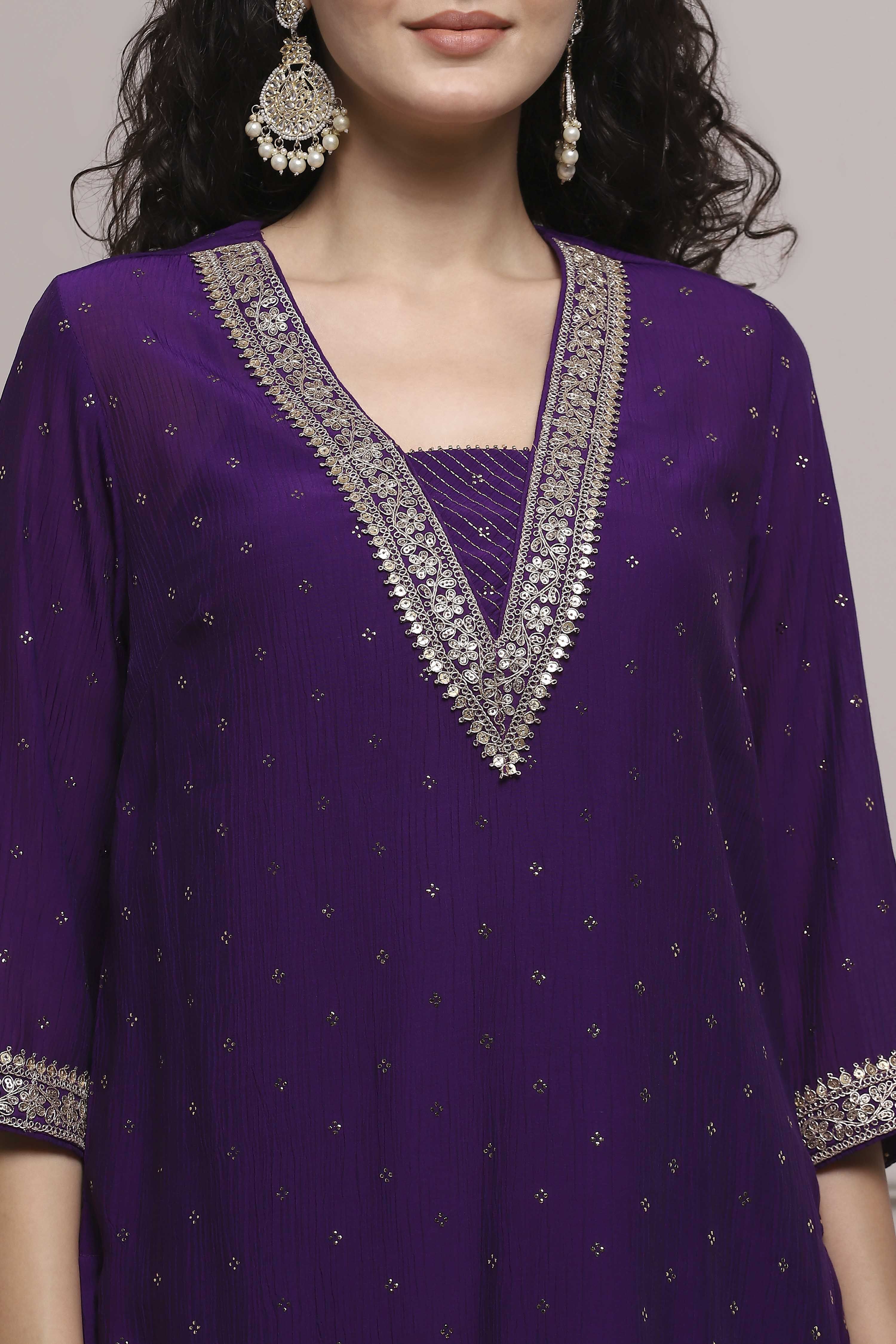 Purple Art Silk Straight Kurta Pants Set image number 1