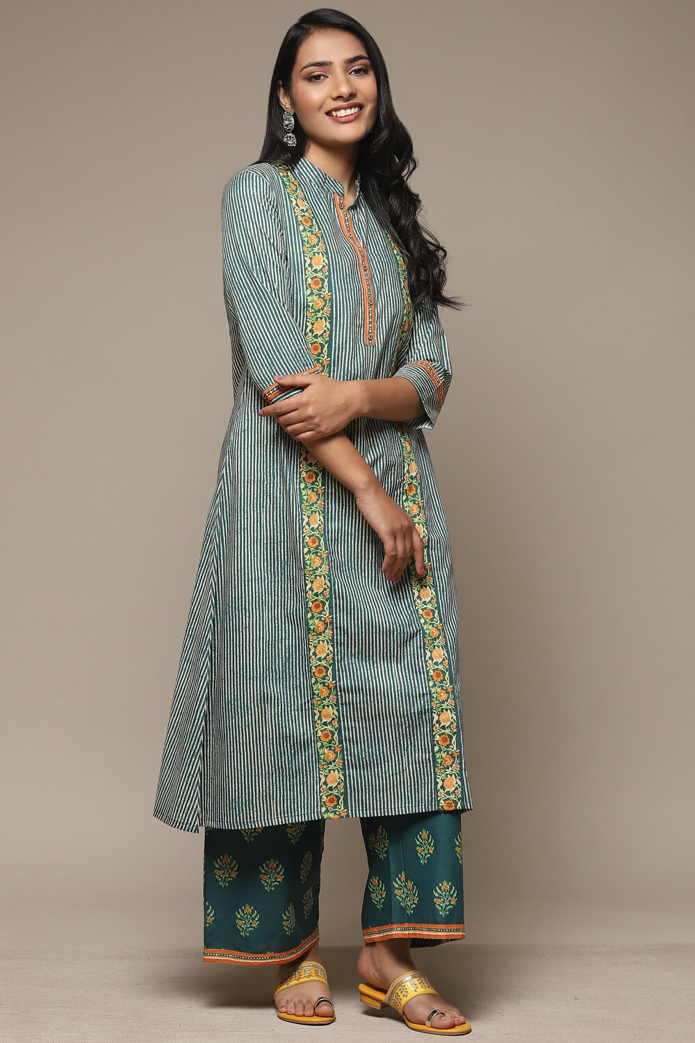 Teal Cotton A-Line Kurta Palazzo Suit Set image number 0