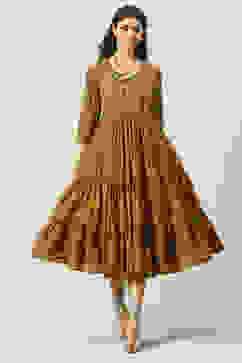 Ochre Cotton Printed Flared Tiered Dress image number 0