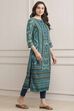 Turquoise LIVA Straight Printed Kurta image number 4