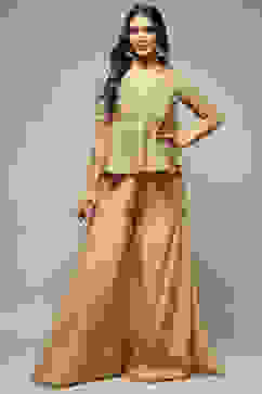 Beige Cotton Silk A-Line Embroidered Kurta Sharara Suit Set image number 7