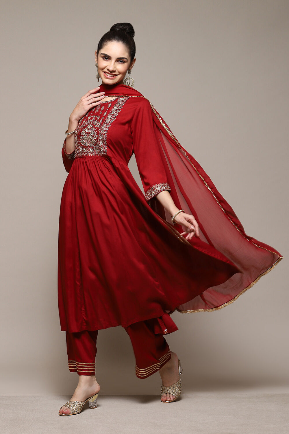 Teal LIVA Gathered Kurta Palazzo Suit Set image number 5