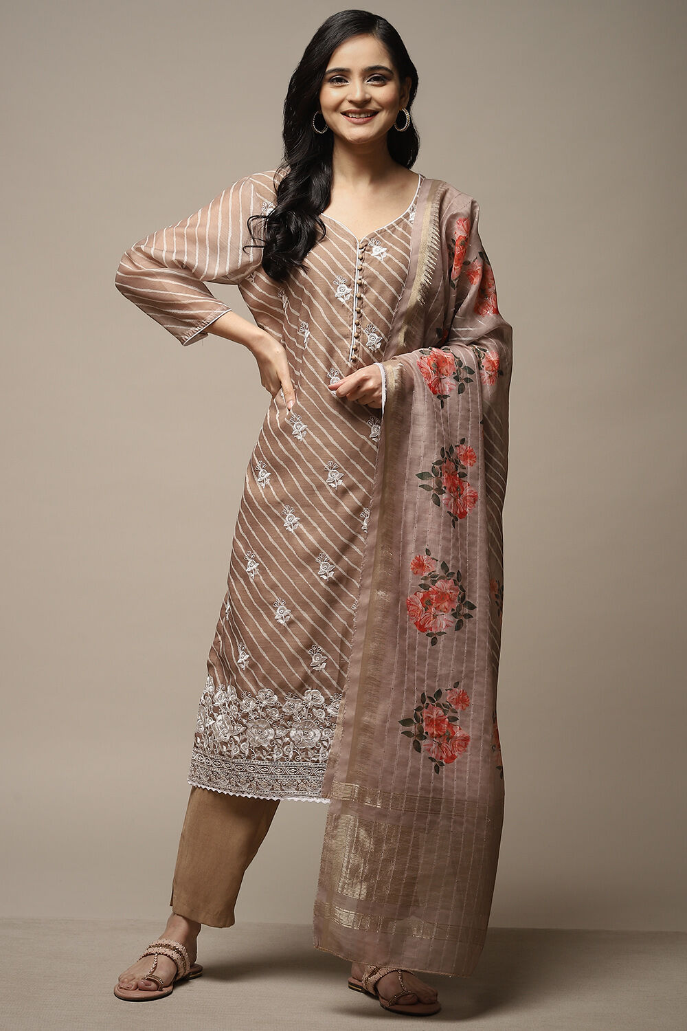 Brown Cotton Digital Print Unstitched Suit Set image number 2