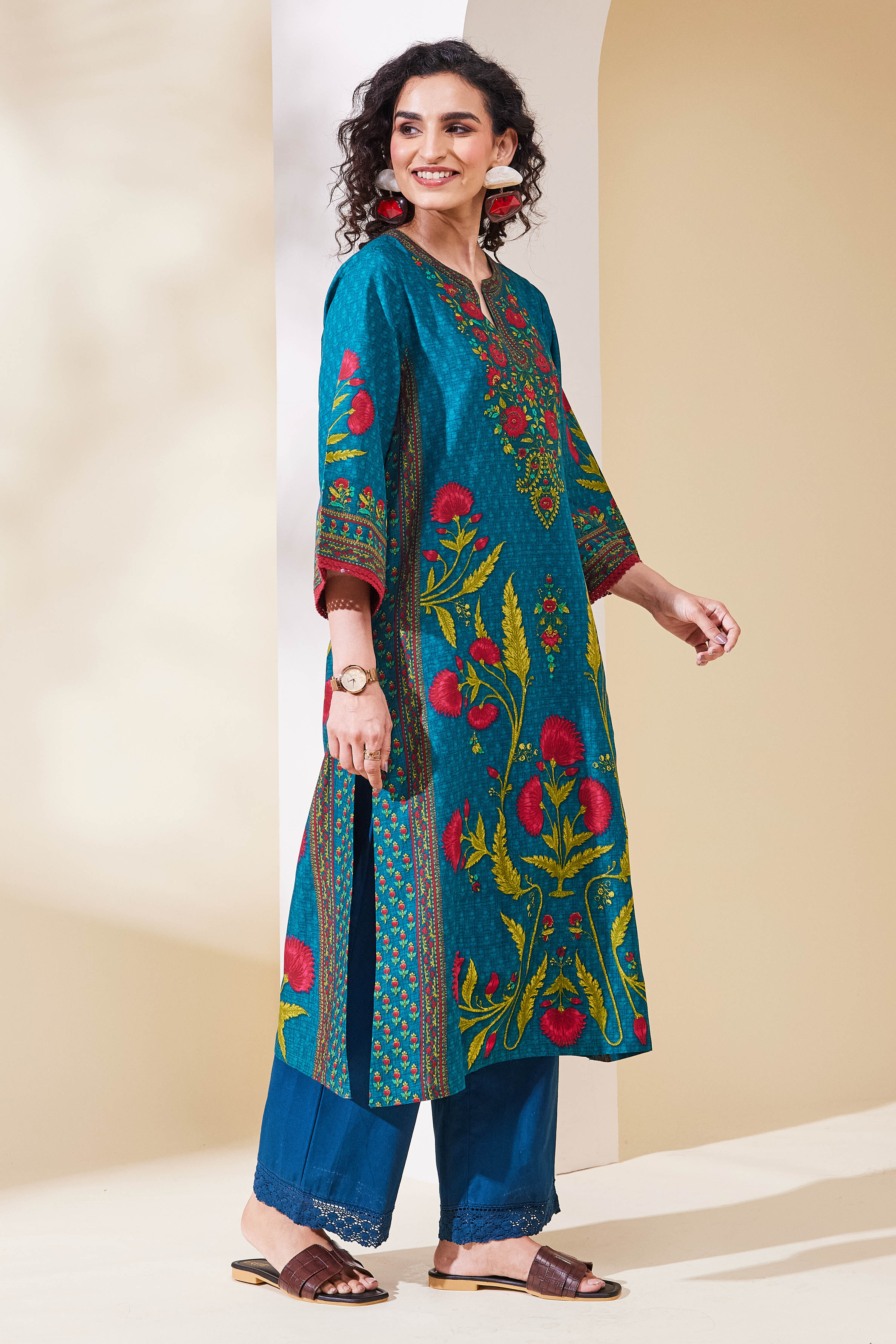 Teal Cotton Straight Kurta image number 4