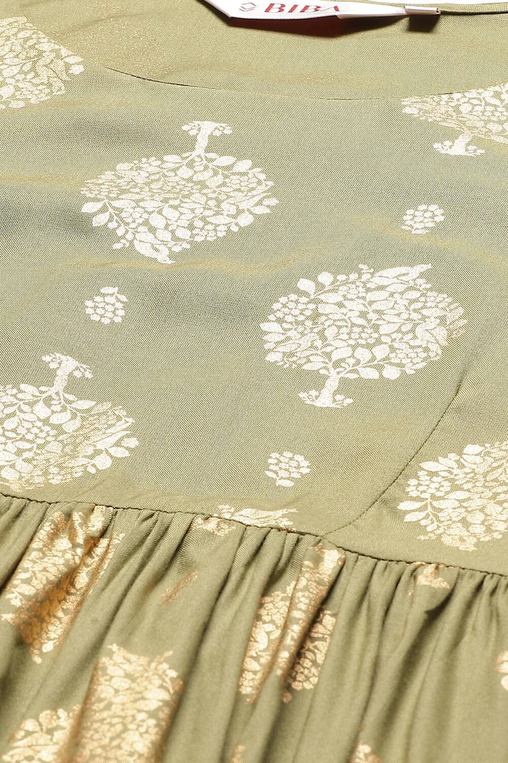 Mehandi Green Rayon Flared Printed Kurta image number 1