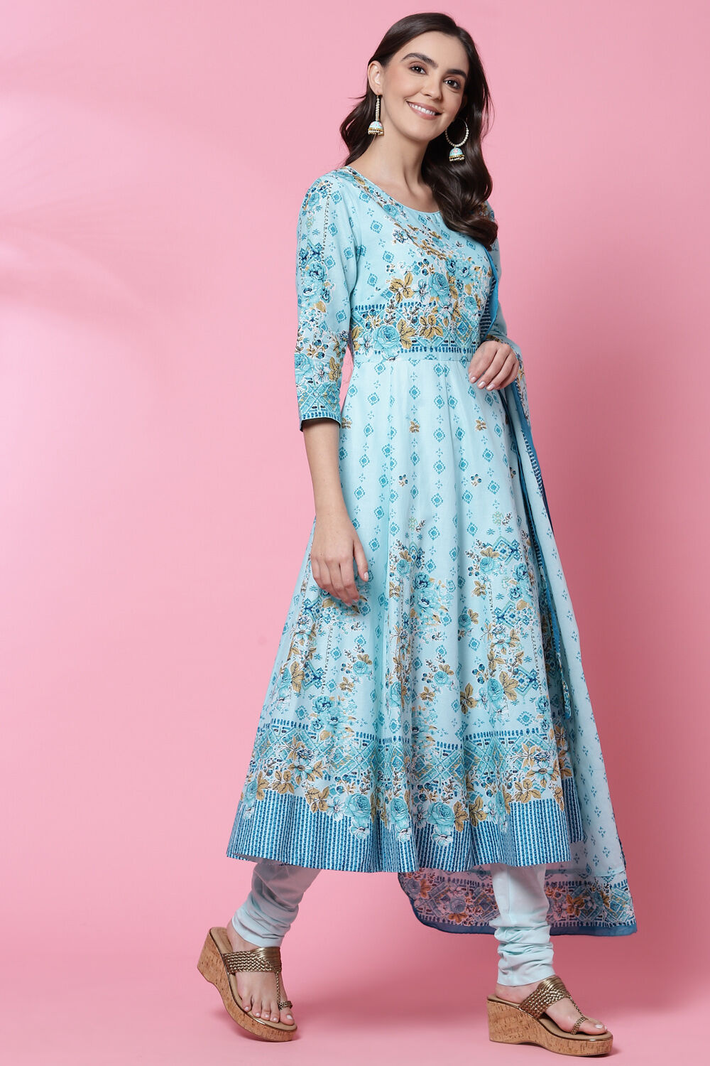 Aqua Blue Cotton Anarkali Kurta Churidar Suit Set image number 6