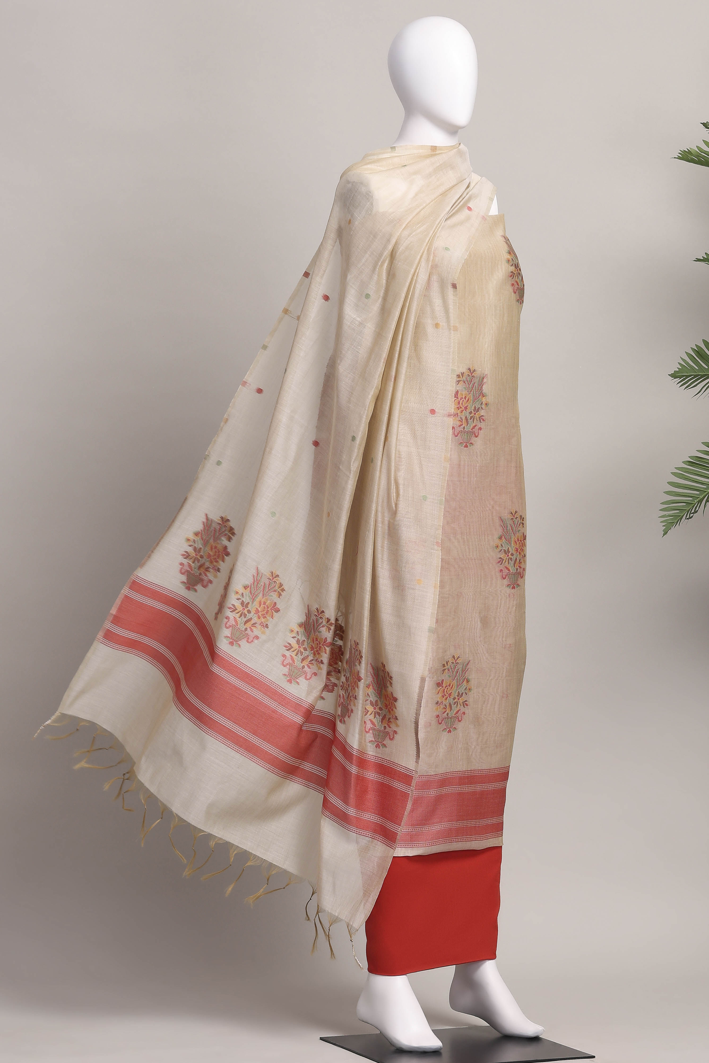 Rust Cotton Jamdani Unstitched Suit Set image number 4