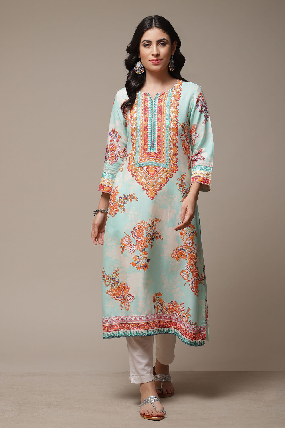 Sky Blue Printed Straight Kurta image number 1