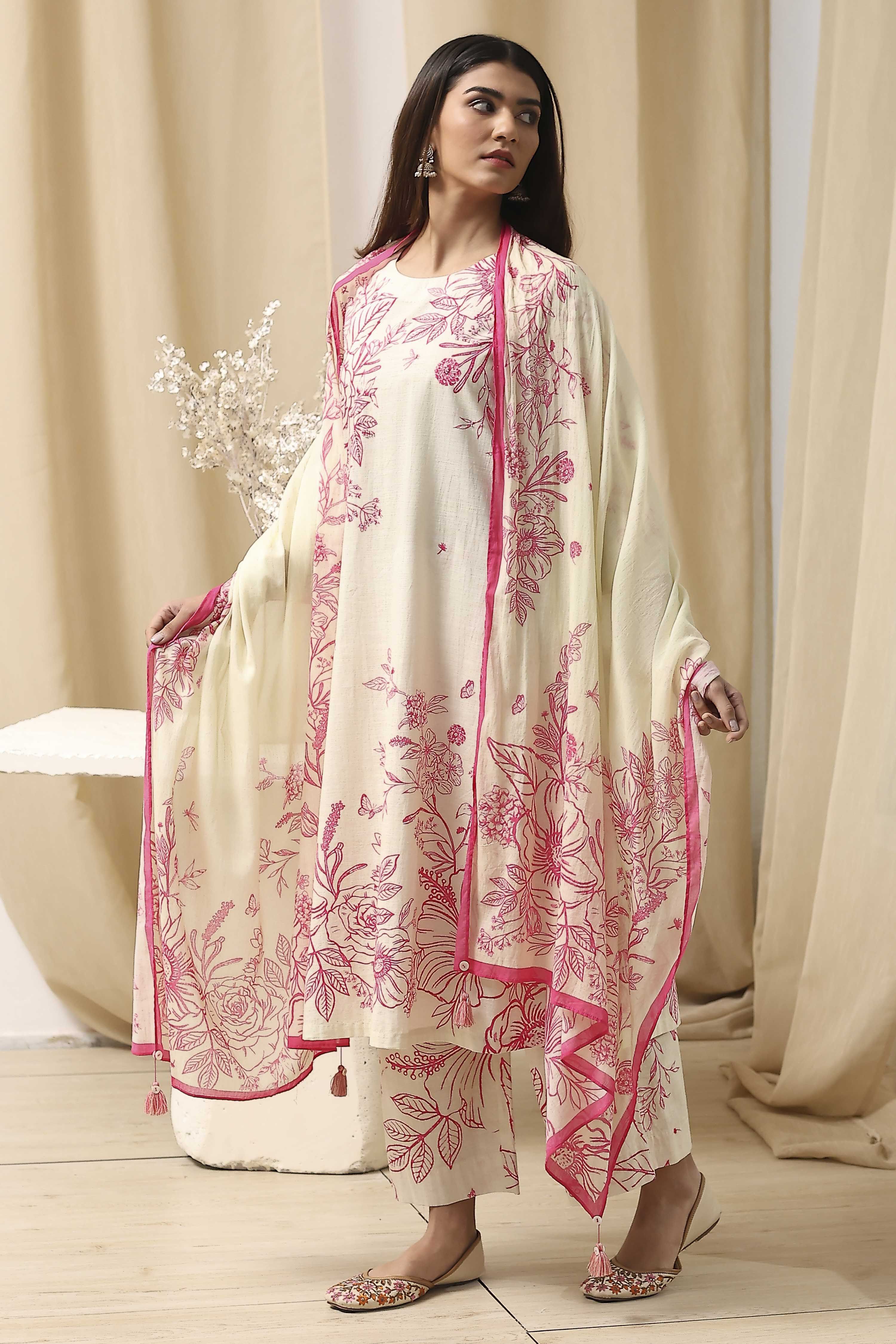 Off-White and Pink Cotton Straight Suit Set image number 3