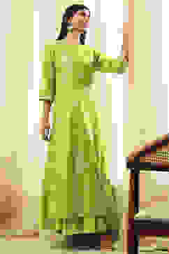 Green Poly Chanderi Layered Tiered Dress image number 4