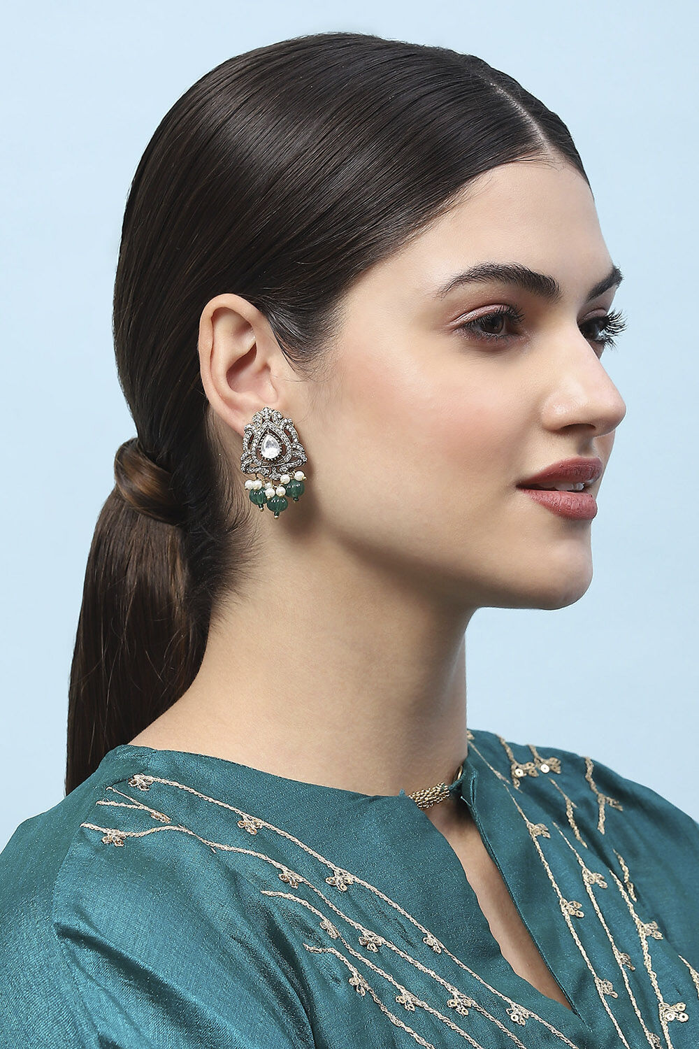 Green Stone Embellished Earrings image number 1