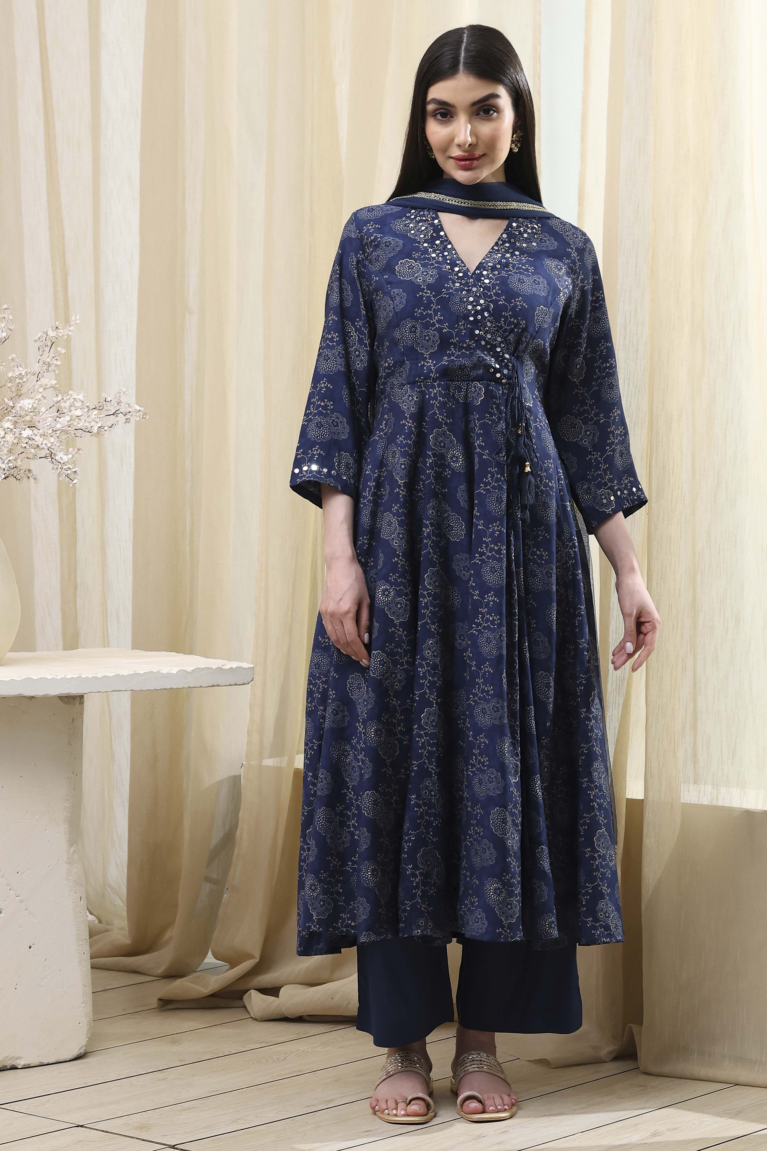 Navy Blue Printed Angrakha Style Anarkali Suit Set image number 6