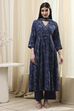 Navy Blue Printed Angrakha Style Anarkali Suit Set image number 6