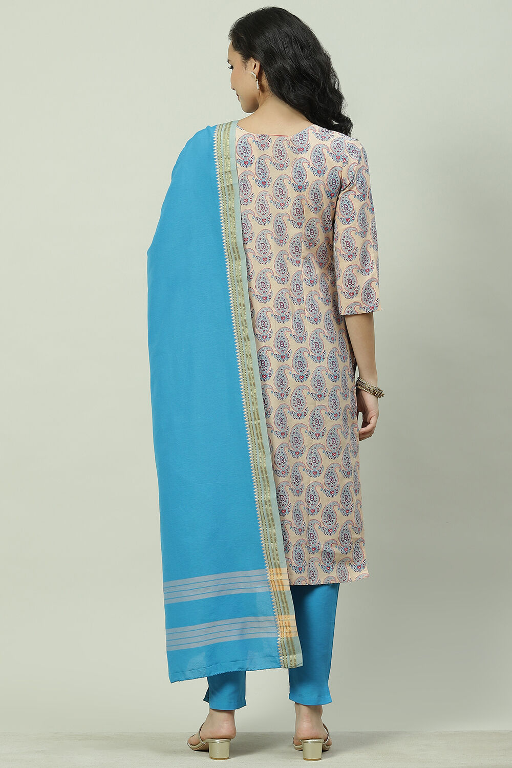 Blue Cotton Unstitched Suit Set image number 4