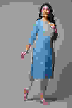 Blue Cotton Blend Straight Printed Kurta image number 4