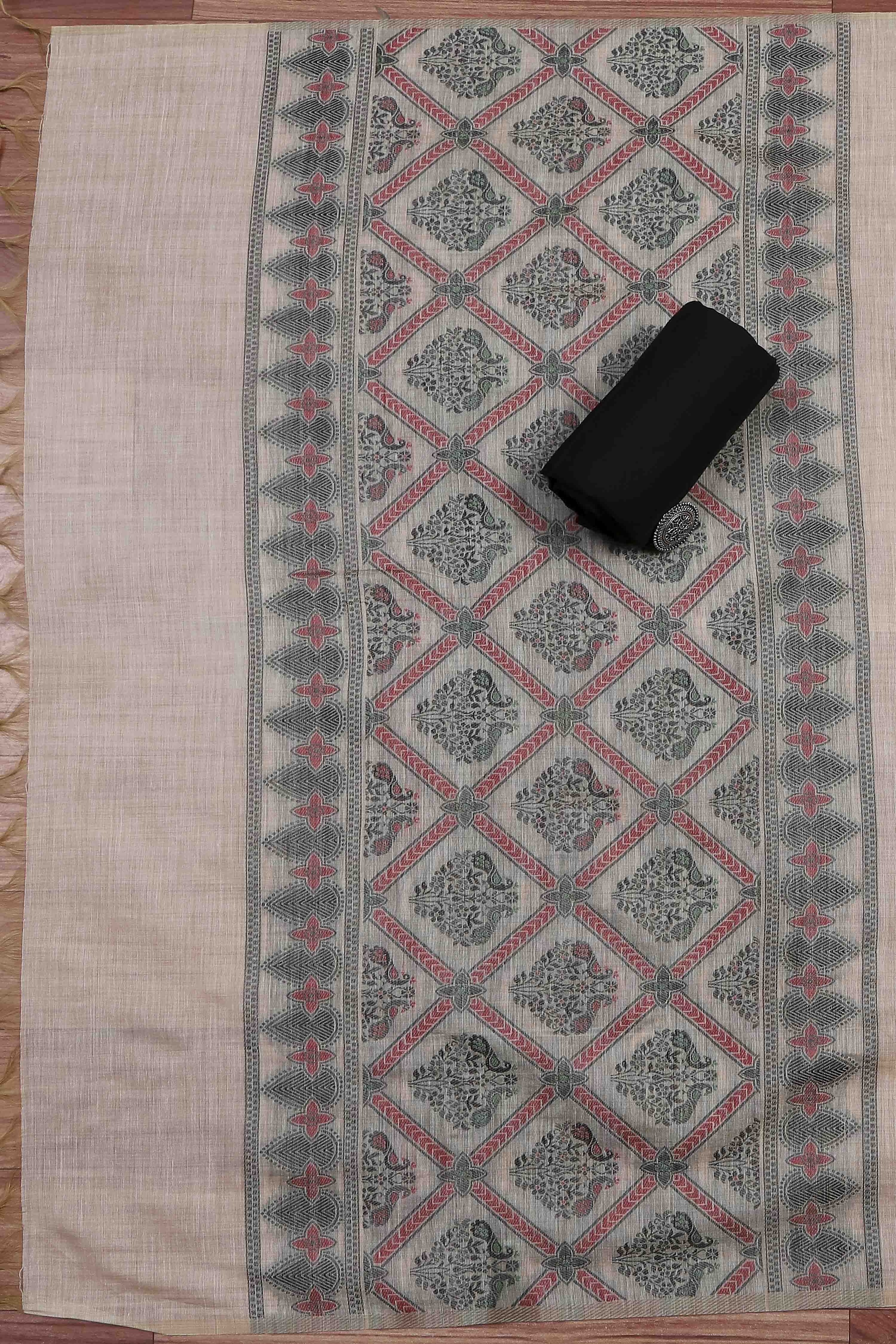 Black Cotton Jamdani Unstitched Suit Set image number 3