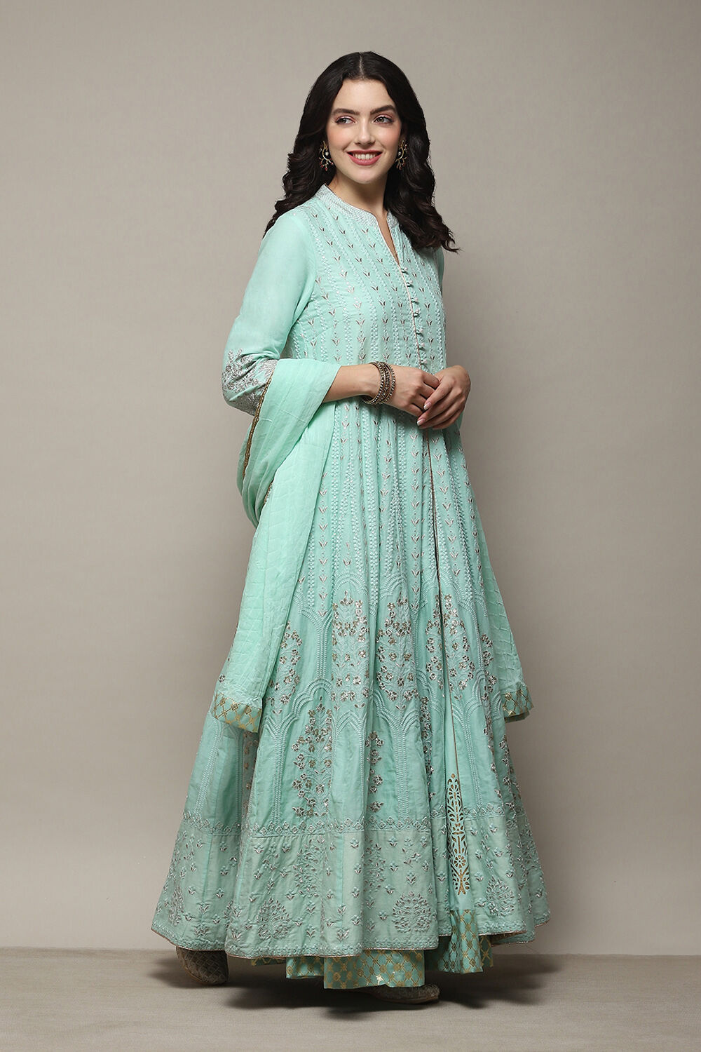 Aqua Blue Cotton Anarkali Kurta Lehenga Set image number 6