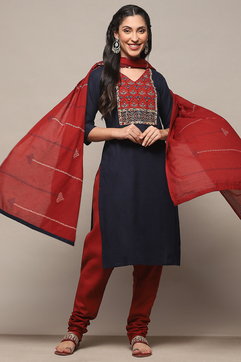 Navy Blue Cotton Unstitched Suit Set image number 1