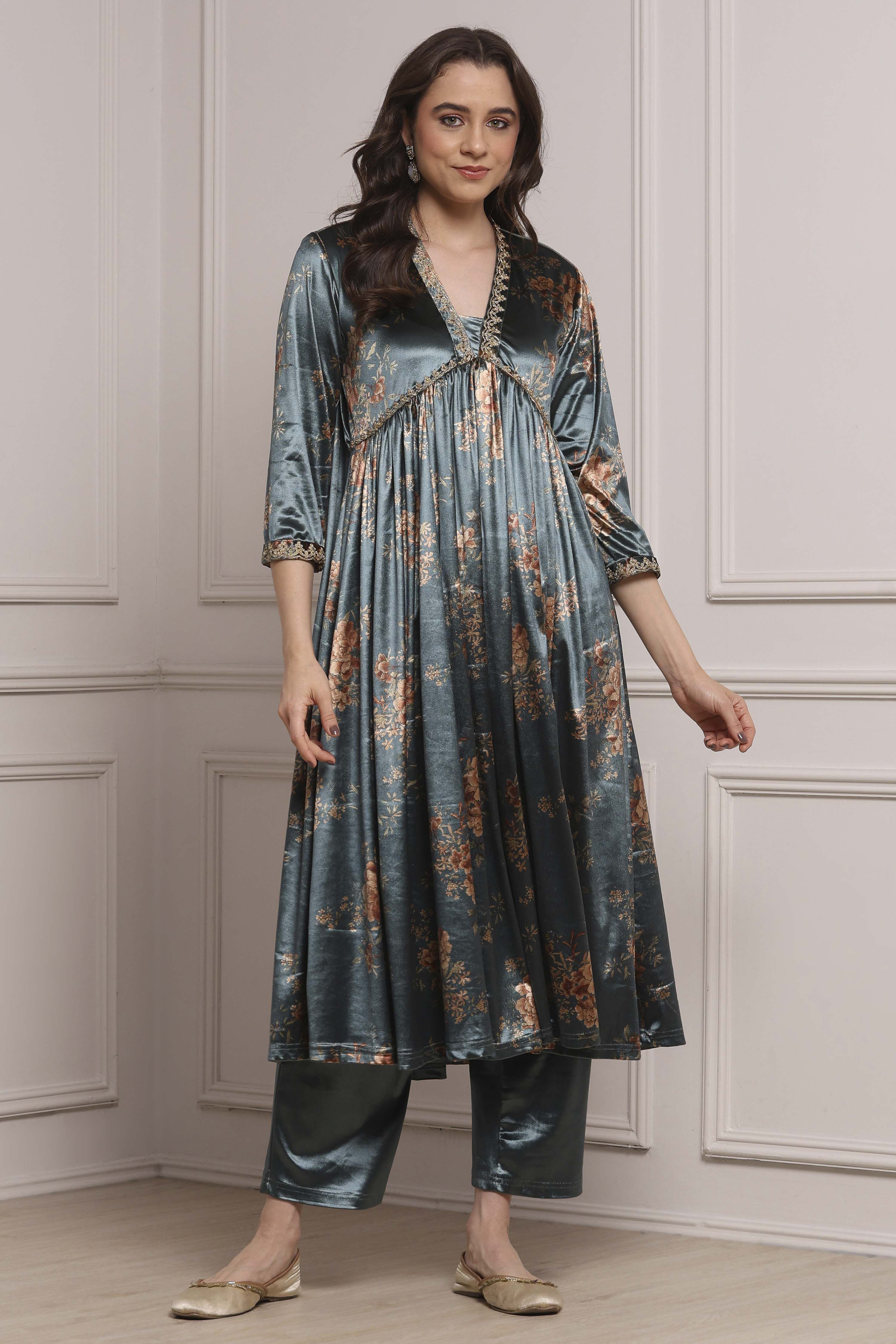 Green Blended Straight Printed Kurta Pants Set image number 6