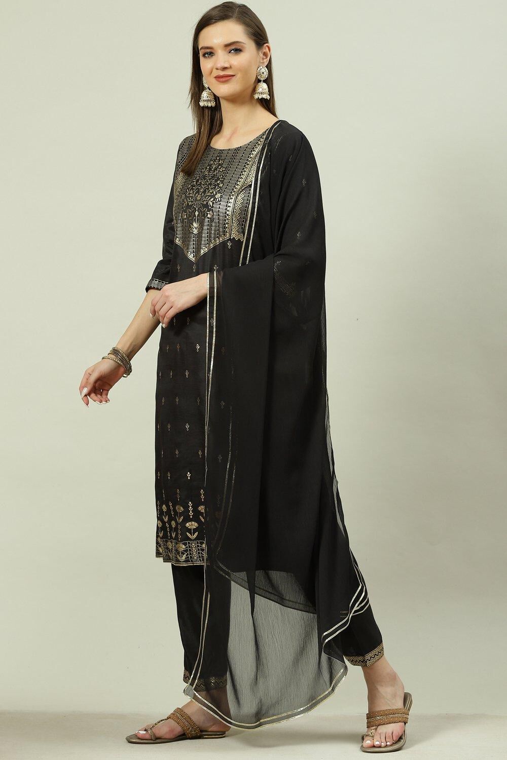 Orange Printed Viscose Straight Kurta Regular Pants Suit Set image number 0