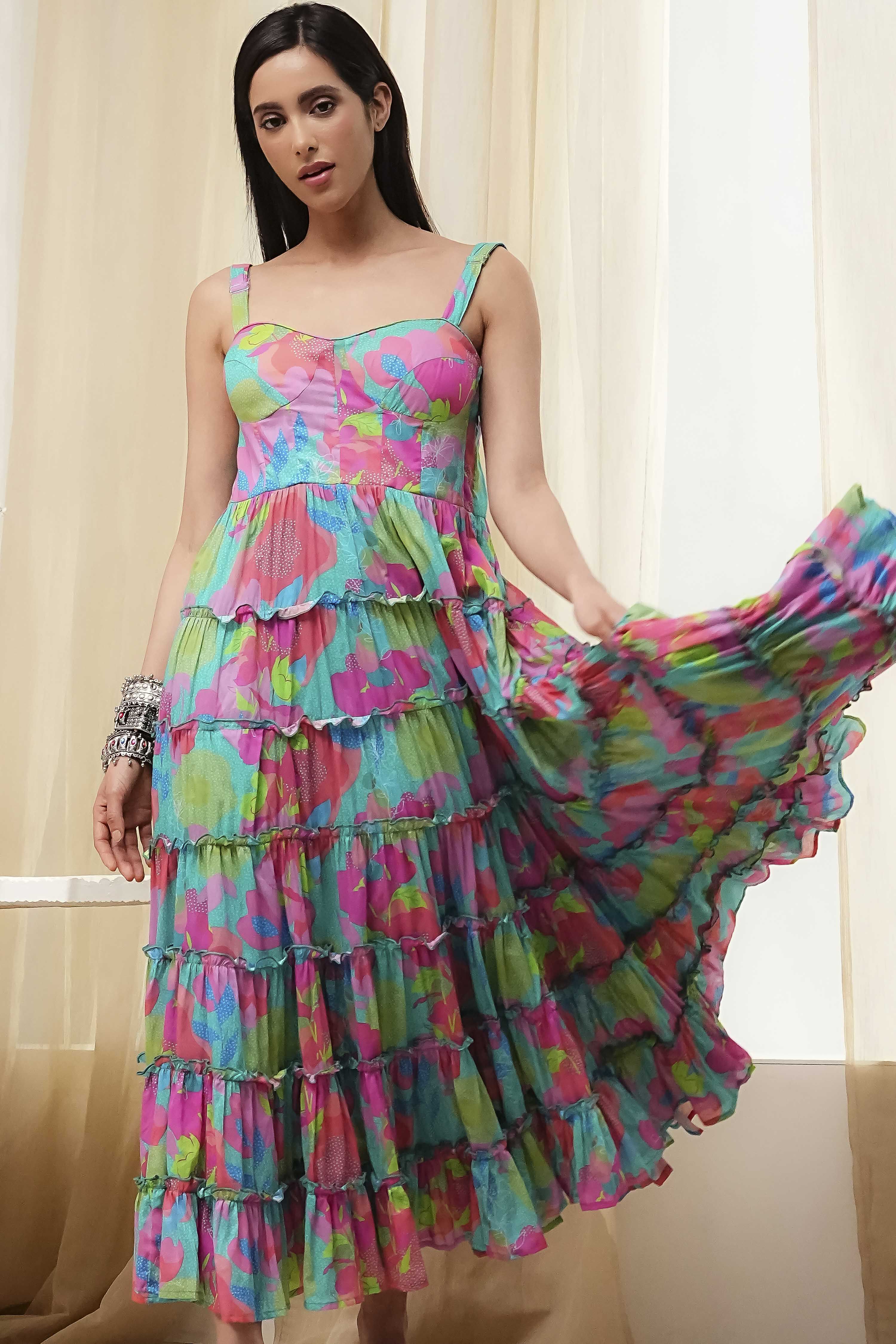 Turquoise Cotton Floral Printed Tiered Dress image number 8