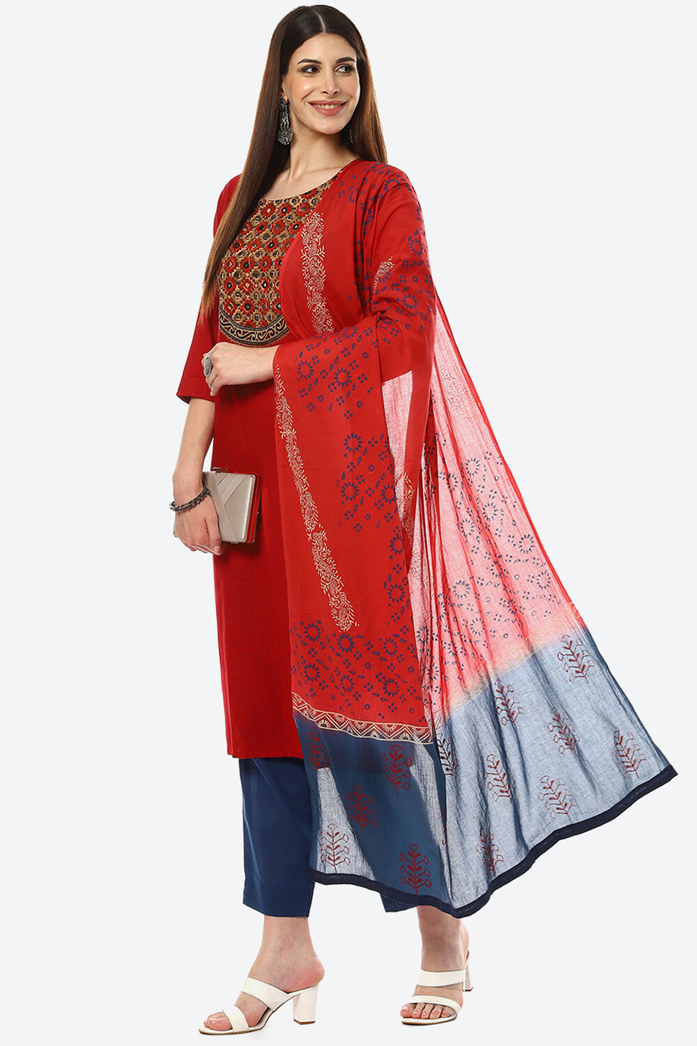 Red Cotton Blend Unstitched Suit Set image number 7