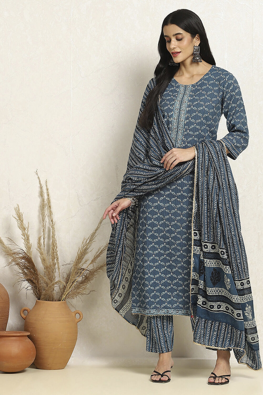 Blue Cotton Printed Unstitched Suit Set image number 1