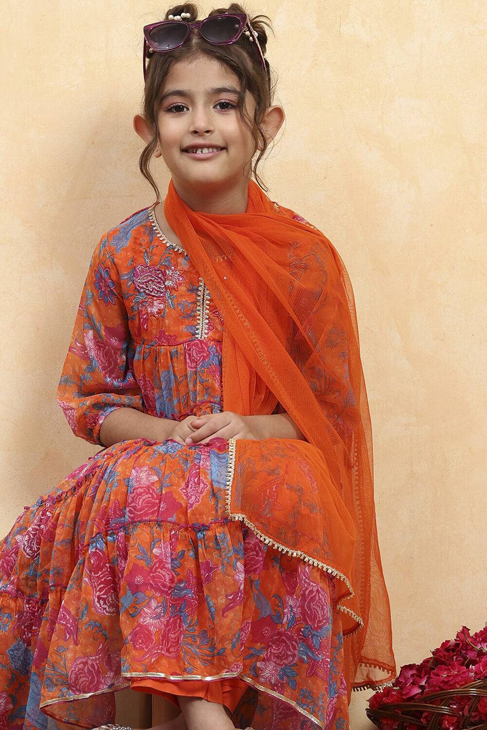 Orange Floral Printed Tiered Suit Set image number 7