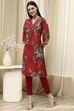 Coral Red Floral Printed Straight Kurta image number 2