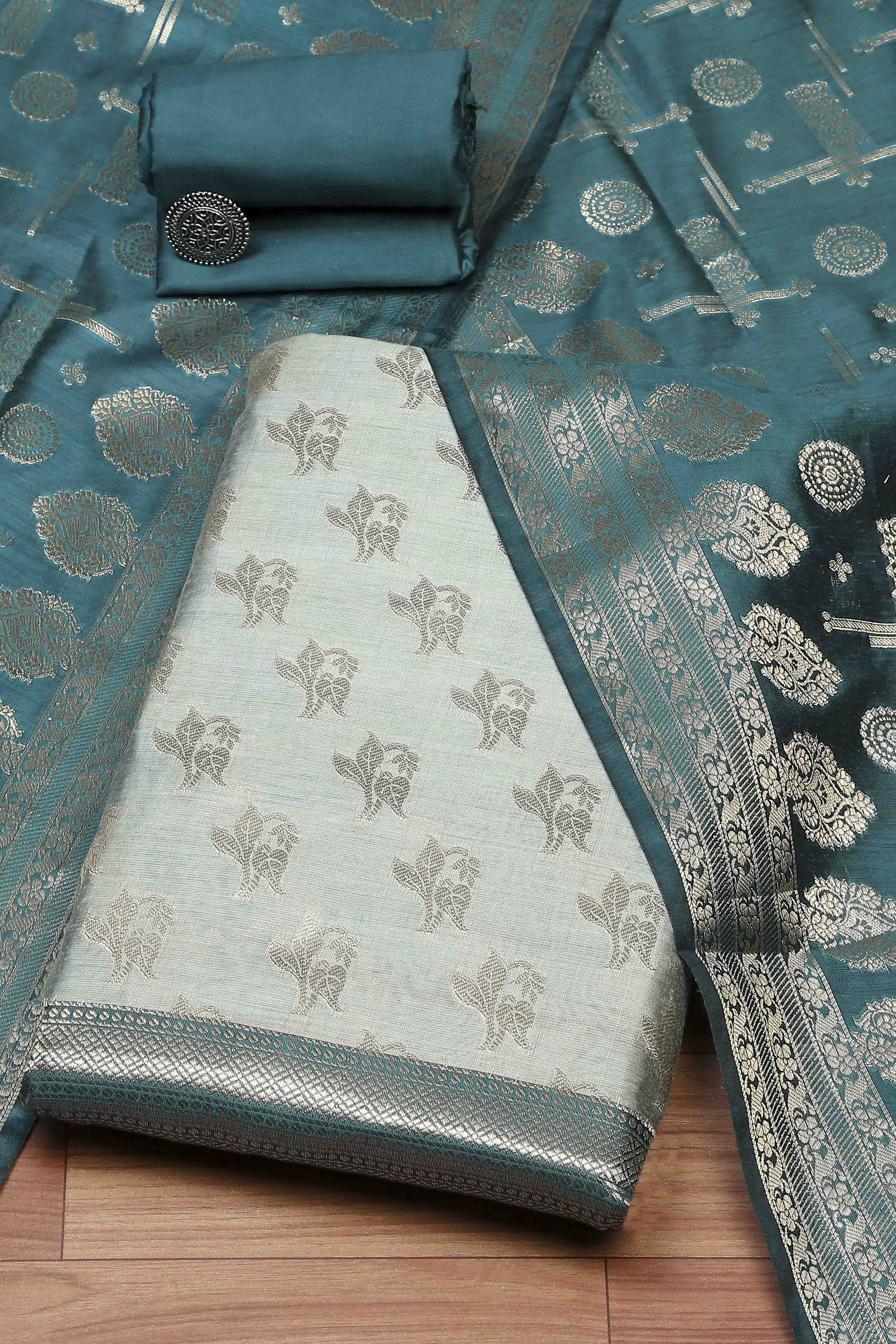 Wine Poly Silk Banarasi Unstitched Suit Set image number 0