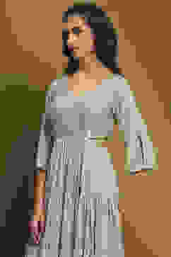 Aqua Green Poly Chiffon Embroidered Festive Tiered Dress image number 1