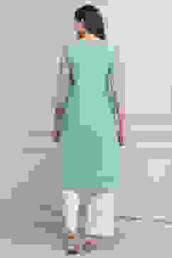 Sea Green Polyester Straight Kurta Pants Set image number 4