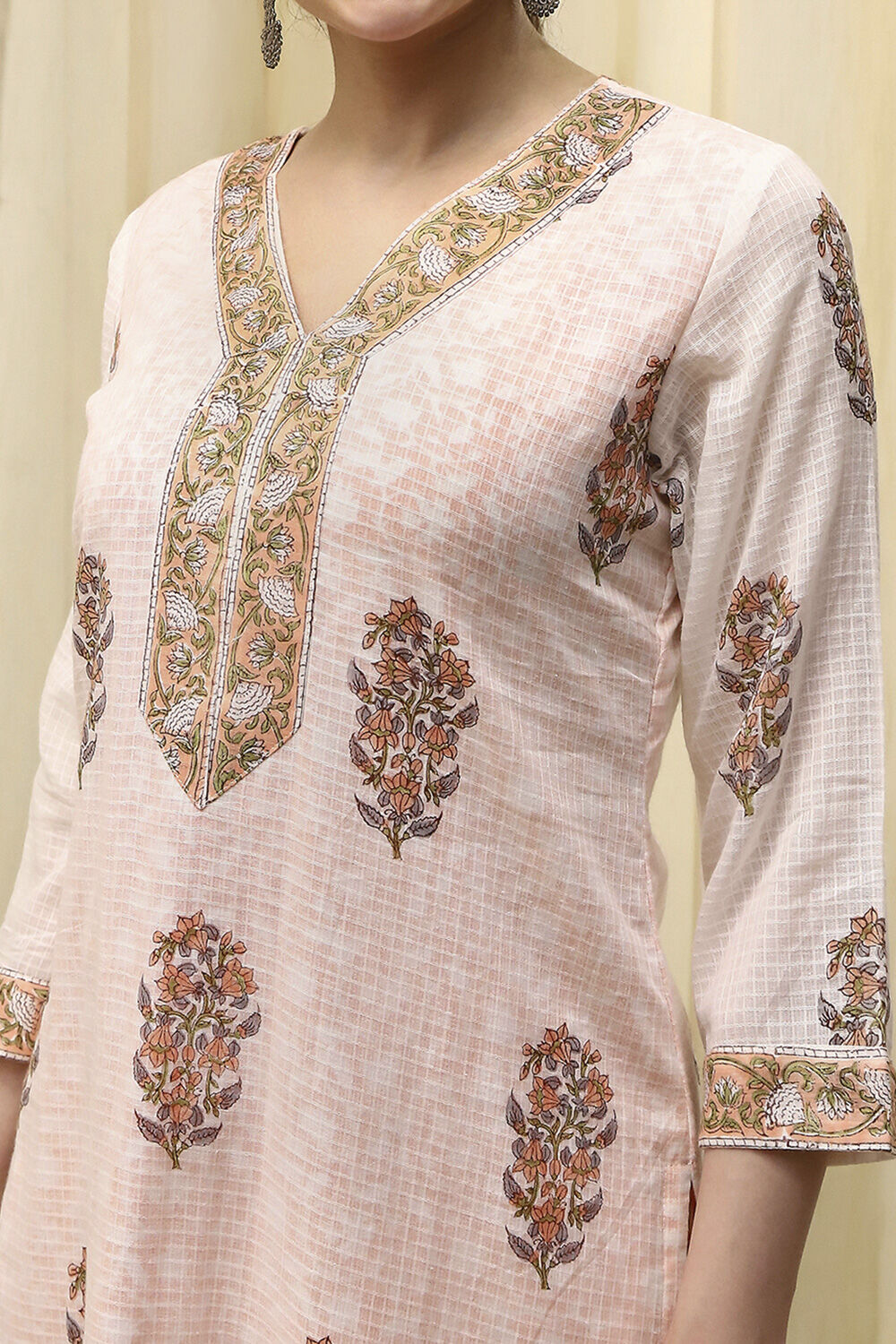 Blue Cotton Hand Block Print Unstitched Suit Set image number 2